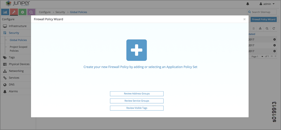 Firewall Policy Wizard screen for creating new firewall policy with options to review address groups, service groups, and visible tags.