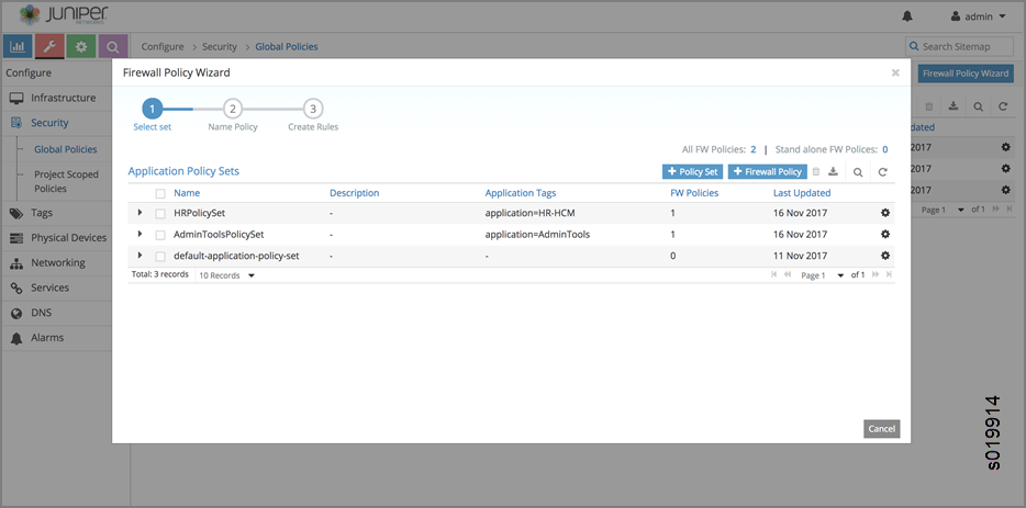 Firewall Policy Wizard in Juniper interface, Global Policies section, listing Application Policy Sets: HRPolicySet, AdminToolsPolicySet, default-application-policy-set.
