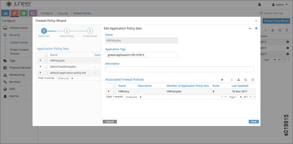 Juniper Networks Firewall Policy Wizard interface editing HRPolicySet with tag global:application=HR-HCM showing policy HRPolicy with 8 rules updated 16 Nov 2017.