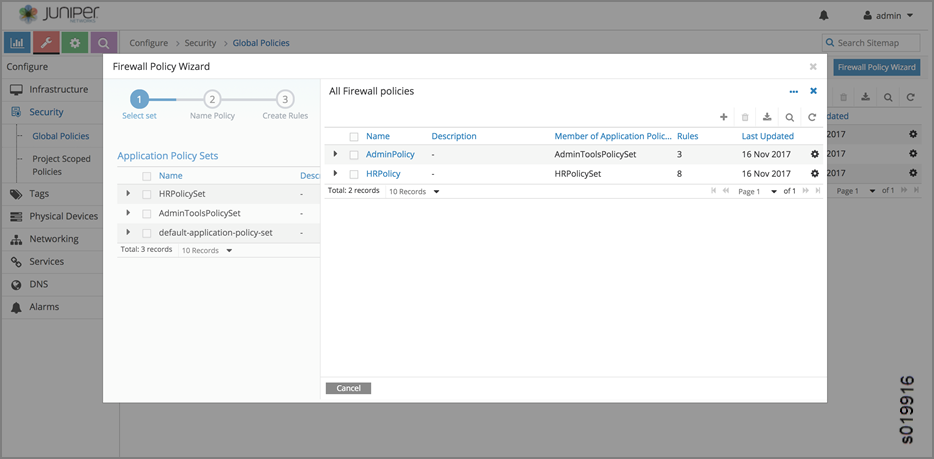 Juniper Networks Firewall Policy Wizard interface for configuring firewall policies. Left panel lists Application Policy Sets. Main panel shows details of firewall policies.