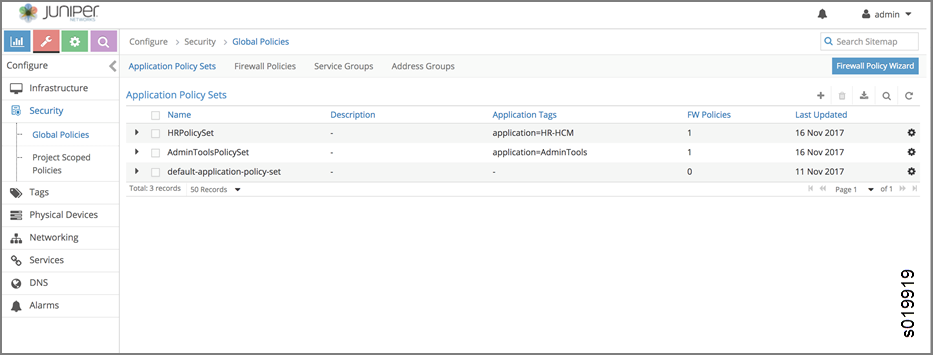 Juniper Networks management platform interface showing Global Policies section with Application Policy Sets table listing names, tags, and last updated dates.