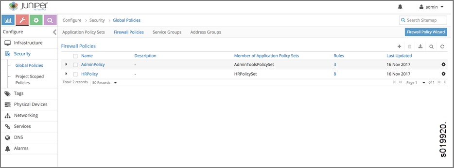 Juniper Networks firewall policies interface showing AdminPolicy and HRPolicy with details like application policy sets, number of rules, and last updated date.