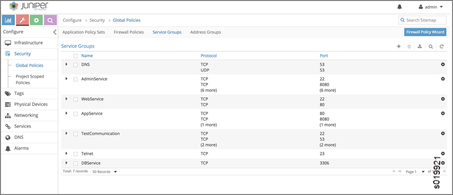Juniper Networks interface showing Service Groups under Global Policies. Displays service group names, protocols, and ports for firewall policy management.