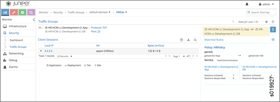Juniper Networks interface showing network traffic and security policies for HRDev domain. Displays traffic groups, client sessions, and matched security policies.
