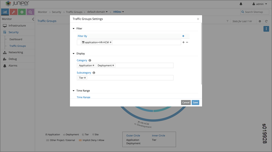 Traffic Groups Settings window in Juniper Networks UI with filter, display, and time range options for managing network traffic.