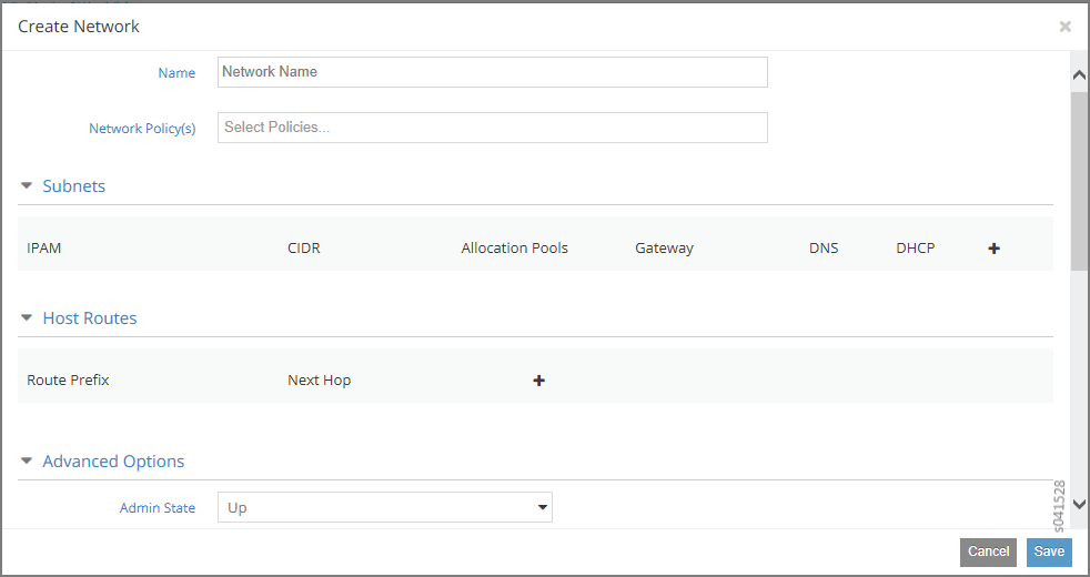 User interface for creating a network with fields for Network Name, Network Policies, Subnets, Host Routes, and Advanced Options. Includes Cancel and Save buttons.
