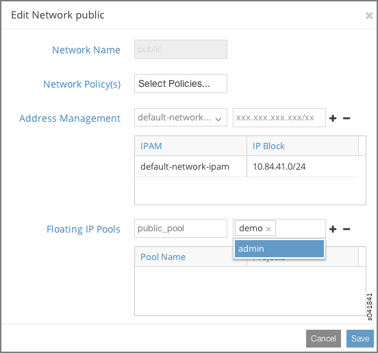 Edit Network public dialog box showing network name public, default-network-ipam IPAM, IP block 10.84.41.0/24, floating IP pool public_pool, and save and cancel buttons.