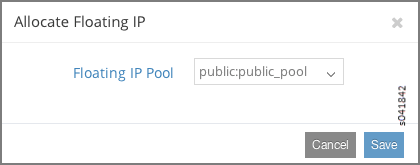 Dialog box titled Allocate Floating IP with a dropdown for Floating IP Pool set to public:public_pool, and Cancel and Save buttons.