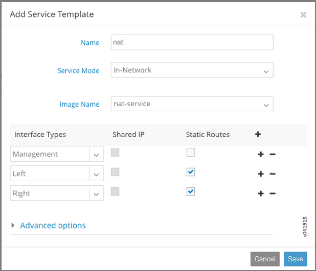 Configuration window for adding a service template in a network tool. Fields include Name, Service Mode, Image Name, Interface Types with Shared IP and Static Routes options, and Advanced Options. Action buttons are Cancel and Save.