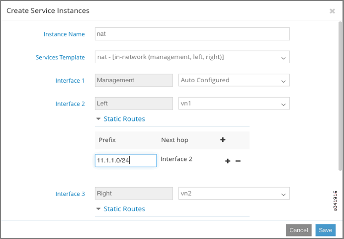 Configuration window for service instance creation with fields: Instance Name set to nat, Services Template as nat - in-network management left right, Interface 1 Management auto-configured, Interface 2 Left set to vn1 with static route prefix 11.1.1.0/24, Interface 3 Right set to vn2. Options to Cancel or Save at the bottom.