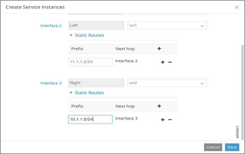 Configuration interface for service instances; Interface 2 labeled Left with vn1 and route 11.1.1.0/24; Interface 3 labeled Right with vn2 and route 10.1.1.0/24; plus and minus buttons for routes; Cancel and Save buttons for configuration.