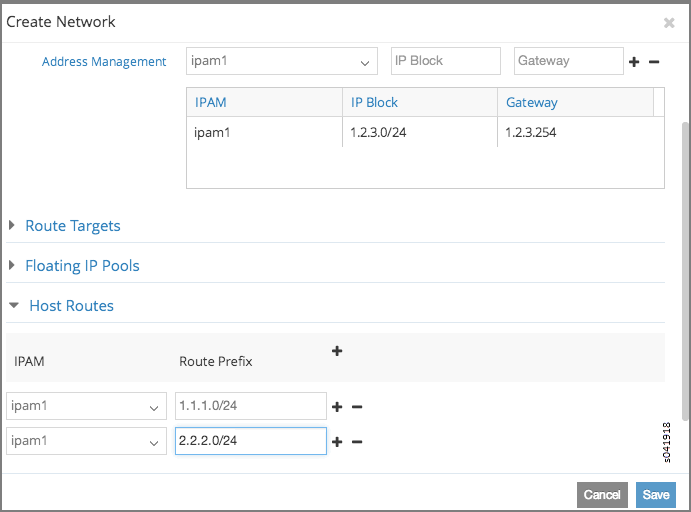 Create Network interface showing sections for Address Management with IPAM entry ipam1, IP Block 1.2.3.0/24, Gateway 1.2.3.254, and Host Routes with prefixes 1.1.1.0/24, 2.2.2.0/24. Options to add or remove entries, and buttons to Cancel or Save configuration.