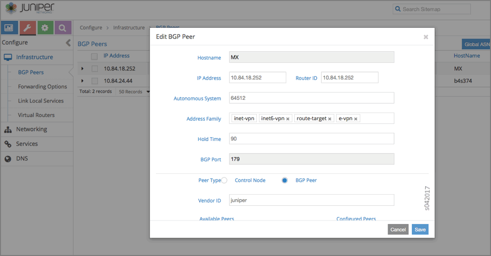 Configuration interface for editing BGP peer on Juniper device; Hostname MX, IP 10.84.18.252, AS 64512, multiple address families, hold time 90s.