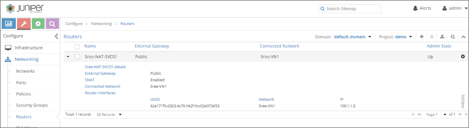 Screenshot of Juniper Networks interface showing router Srcc-NAT-SVC01 with external gateway Public and connected network Srcc-VN1.