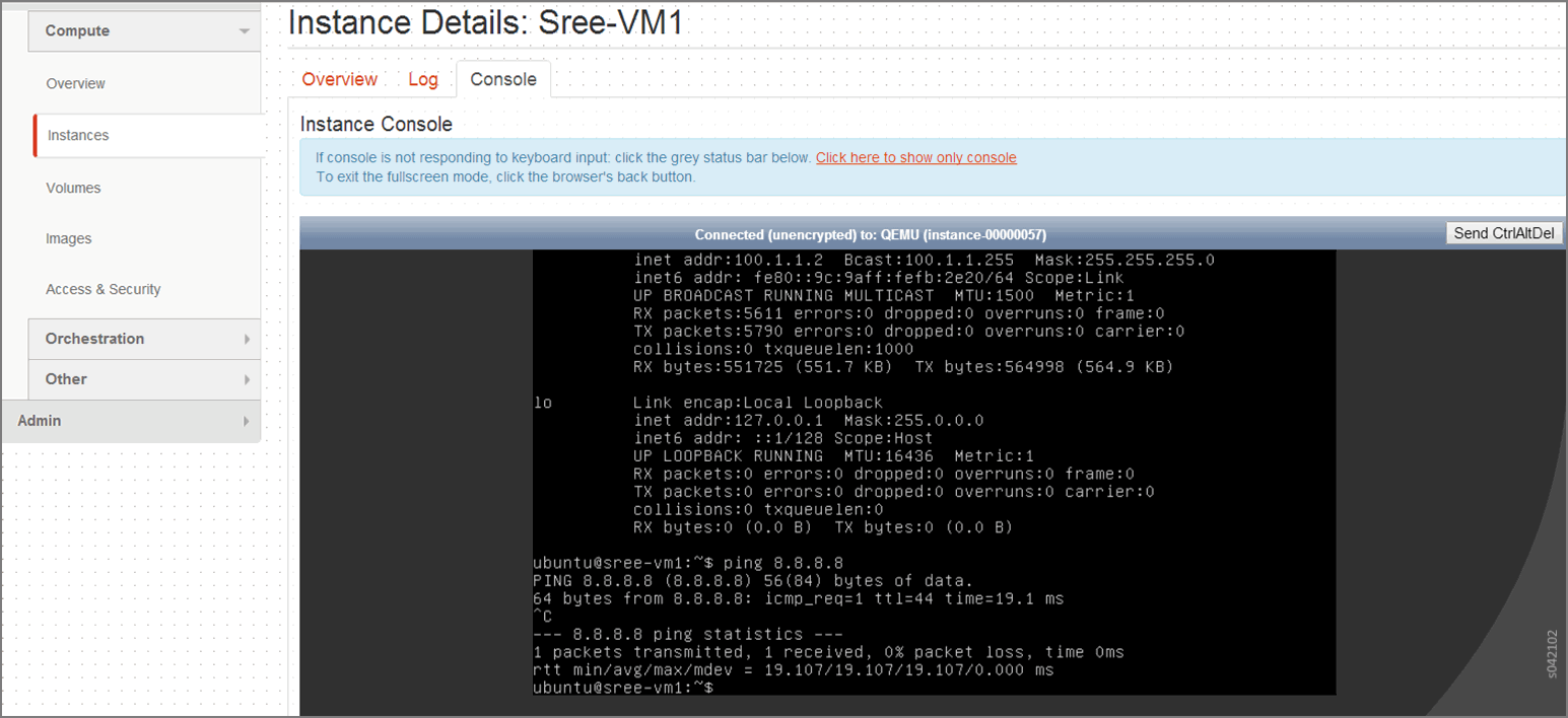 Web interface for managing virtual machine Sree-VM1 with terminal showing network configuration and successful ping to 8.8.8.8.