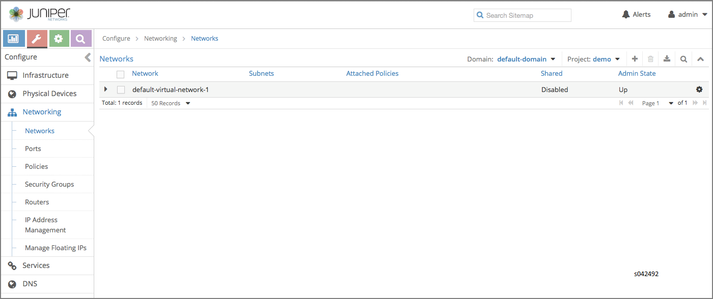 Screenshot of Juniper Networks Contrail interface showing Networking section with a Networks tab listing default-virtual-network-1 in default-domain, project demo, admin state up.