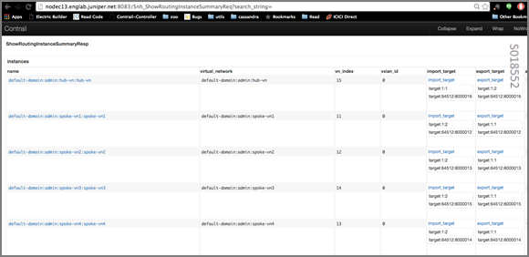 Web interface displaying routing instance details from a Juniper device, showing instance names, virtual networks, router indices, and VXLAN IDs.