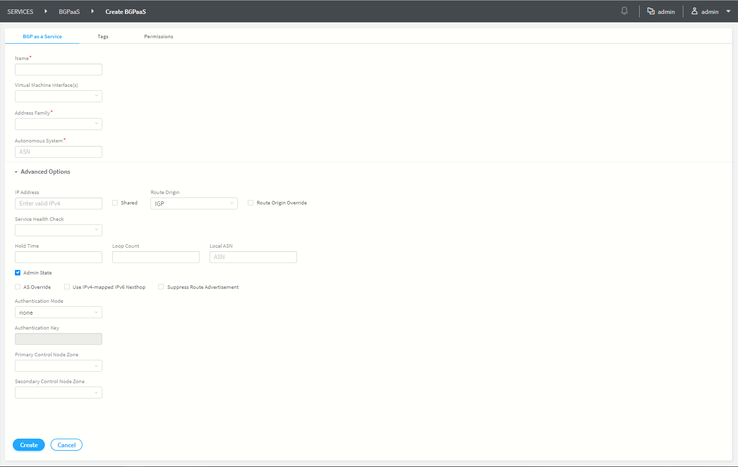 Configuration interface for BGPaaS setup in a network management system, featuring fields for Name, VM Interfaces, Address Family, and ASN, plus advanced options for IP Address, Route Origin, Service Health Check, and buttons for Create and Cancel.