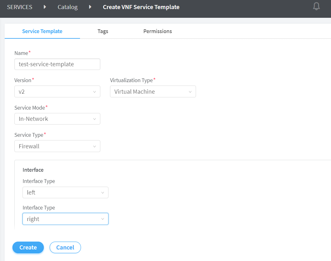 User interface for creating a VNF service template with fields for Name, Version, Virtualization Type, Service Mode, Service Type, and Interface. Buttons for Create and Cancel are available.