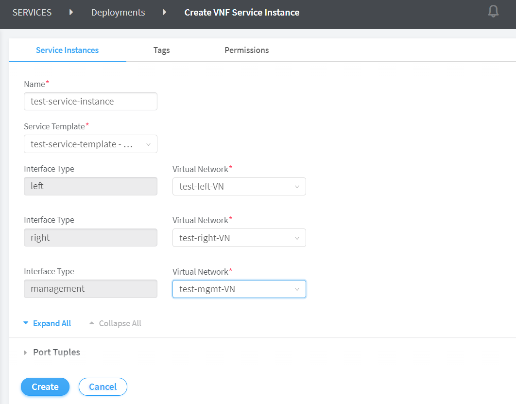 User interface for creating a Virtual Network Function service instance with fields for name, service template, interfaces, and buttons for create and cancel.