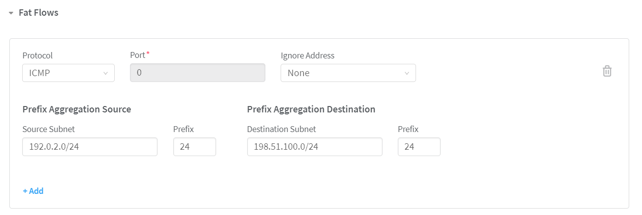 Configuration interface for Fat Flows: Protocol ICMP, Port 0, Ignore Address None, Source Subnet 192.0.2.0/24, Destination Subnet 198.51.100.0/24, Add and Delete options available.