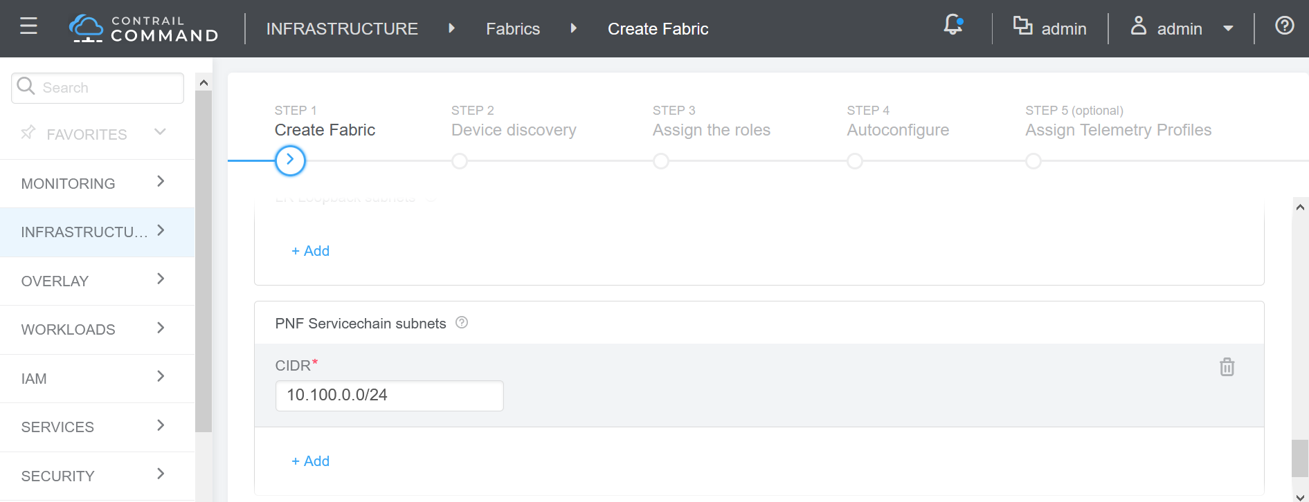 Screenshot of Contrail Command UI showing Create Fabric step in network fabric configuration. Admin user with CIDR block 10.100.0.0/24 entered.