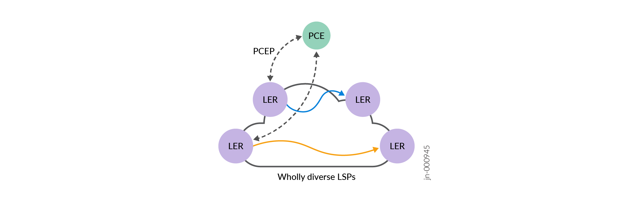 Network diagram with four Label Edge Routers LERs connected by wholly diverse Label Switched Paths LSPs. A Path Computation Element PCE communicates with one LER via PCEP protocol. Different colors represent paths or protocols.