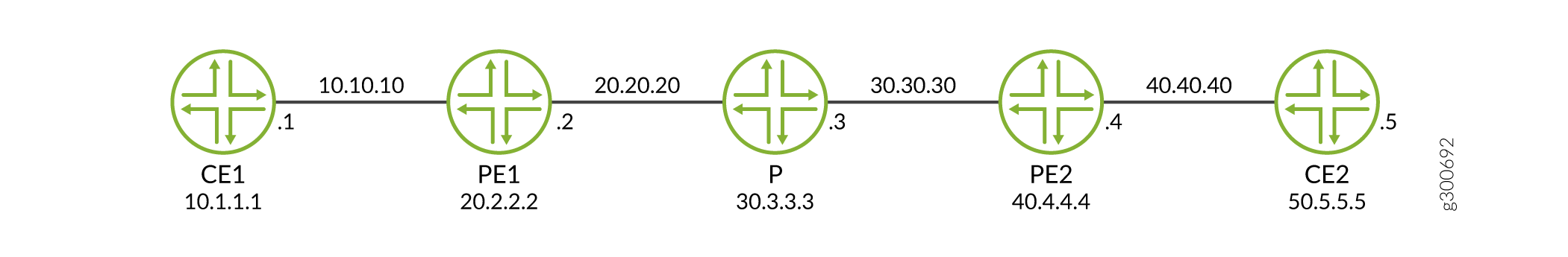 Network topology diagram with interconnected routers: CE1 (10.1.1.1), PE1 (20.2.2.2), P (30.3.3.3), PE2 (40.4.4.4), and CE2 (50.5.5.5). Each router is connected via labeled network segments.