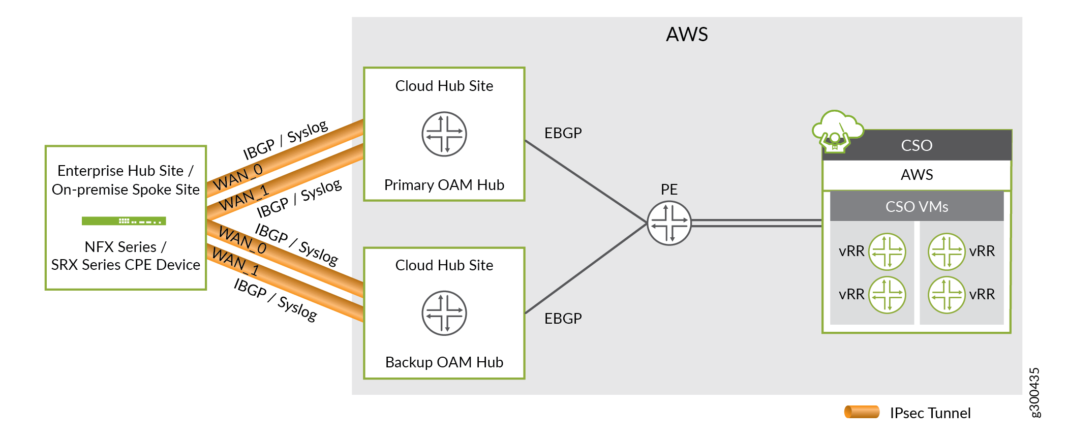 Network architecture diagram showing an enterprise hub with CPE devices connected via IPsec tunnels to primary and backup cloud hubs, interfacing with AWS infrastructure using EBGP.