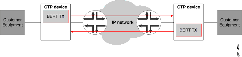 Network diagram showing data flow from customer equipment through CTP devices performing BERT over an IP network with red arrows indicating direction.