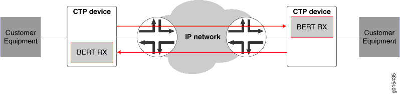Network diagram showing data flow from customer equipment to CTP devices via IP network. Highlights BERT RX functionality for error detection.