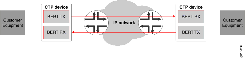Network setup for Bit Error Rate Testing over IP with customer equipment, CTP devices for sending and receiving test signals, and IP network infrastructure.