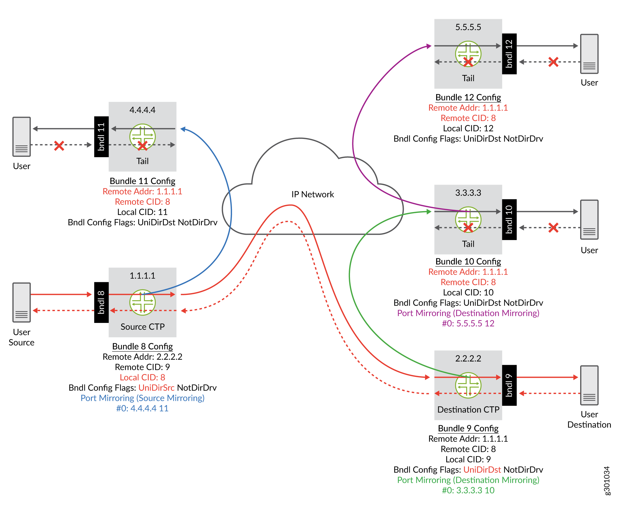 Network diagram showing data flow between nodes in an IP network with endpoints, CTP and Tail Nodes, logical bundles, and mirrored flows.