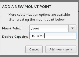 Adding new mount point dialog in Linux setup with mount point set to /boot and size 1014 MB. Options to Cancel or Add mount point.