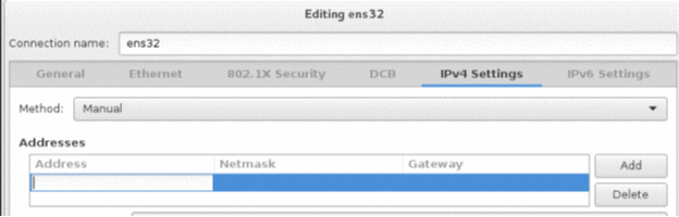 Network settings interface on Linux; IPv4 tab selected; manual configuration; fields for IP address, netmask, and gateway; Add and Delete buttons.