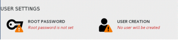 User settings warnings: Root password not set, no user will be created.