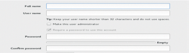 User account setup form with fields for full name and username, admin option checkbox, password and confirm password fields, and a checked checkbox requiring a password.
