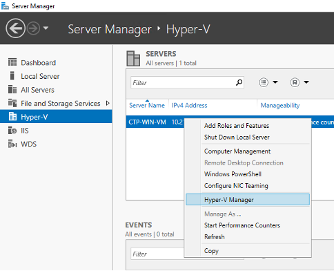 Server Manager interface in Windows Server showing Hyper-V role. Hyper-V Manager is highlighted in the context menu.