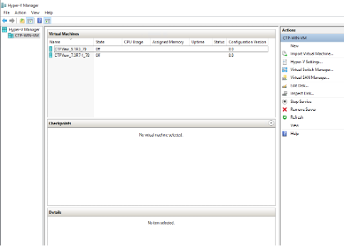Hyper-V Manager interface showing a list of virtual machines, actions menu, and empty details section.