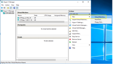 Hyper-V Manager interface displaying virtual machines, their status, CPU usage, and memory. Actions pane open to create a new virtual machine.