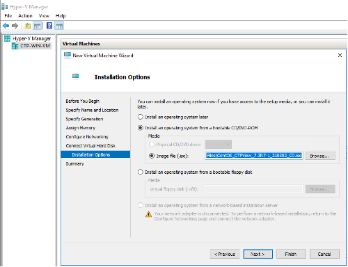 Installation Options step in Hyper-V Manager's New Virtual Machine Wizard. User selects ISO file ResCentOS_CTPrev_3.8.9-210302-C0.iso for OS installation.