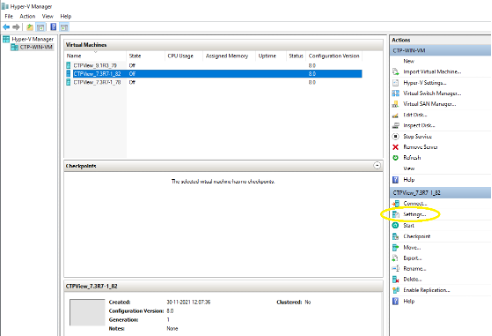 Hyper-V Manager interface showing virtual machines list with details. A virtual machine is selected with Settings option highlighted in Actions pane.