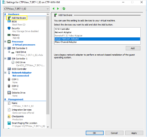 Settings window in Hyper-V Manager: Configuring CTPView_7.3R7-1.82; Left pane: components list, Right pane: Add Hardware with Legacy Network Adapter selected; Buttons: Add, OK, Cancel, Apply.