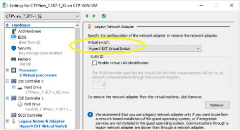 Settings window for a virtual machine in Hyper-V, showing Legacy Network Adapter configuration with HyperV EXT Virtual Switch and VLAN tagging options.