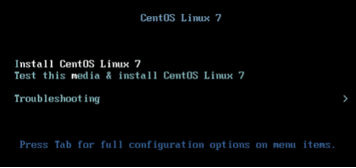 CentOS Linux 7 boot menu with options to install, test media and install, or access troubleshooting. Press Tab for full configuration options.