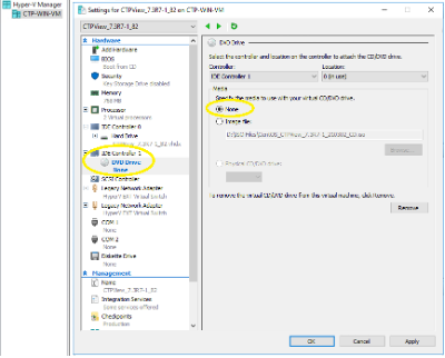 Settings window in Hyper-V Manager showing IDE Controller with DVD Drive options. "None" selected, no media attached.