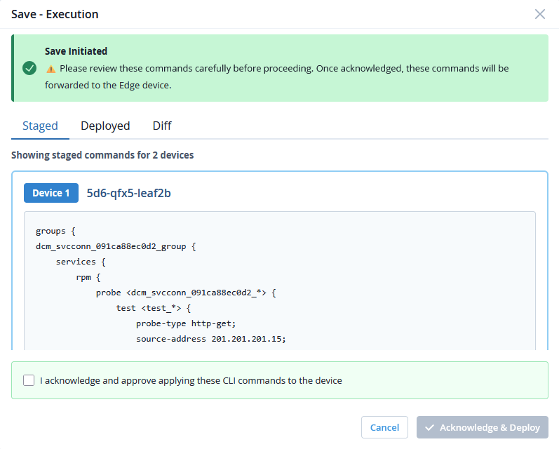 Configuration interface for deploying commands to devices, showing 