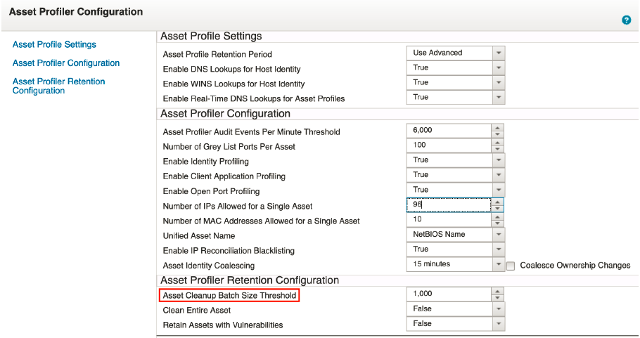 Configuration screen for Asset Profiler with settings like Asset Profile Retention Period, DNS lookups, audit events per minute, and asset cleanup thresholds.