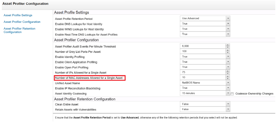 Configuration screen for Asset Profiler with settings for retention periods, DNS/WINS lookups, and MAC address limits. Highlighted setting is Number of MAC Addresses Allowed for a Single Asset set to 10.