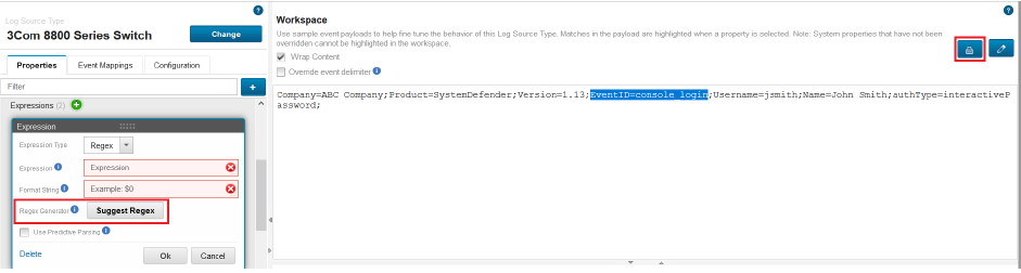 Configuration interface for 3Com 8800 Series Switch log parsing. User defines regex in Properties tab. Sample log data with EventID and Username fields displayed.